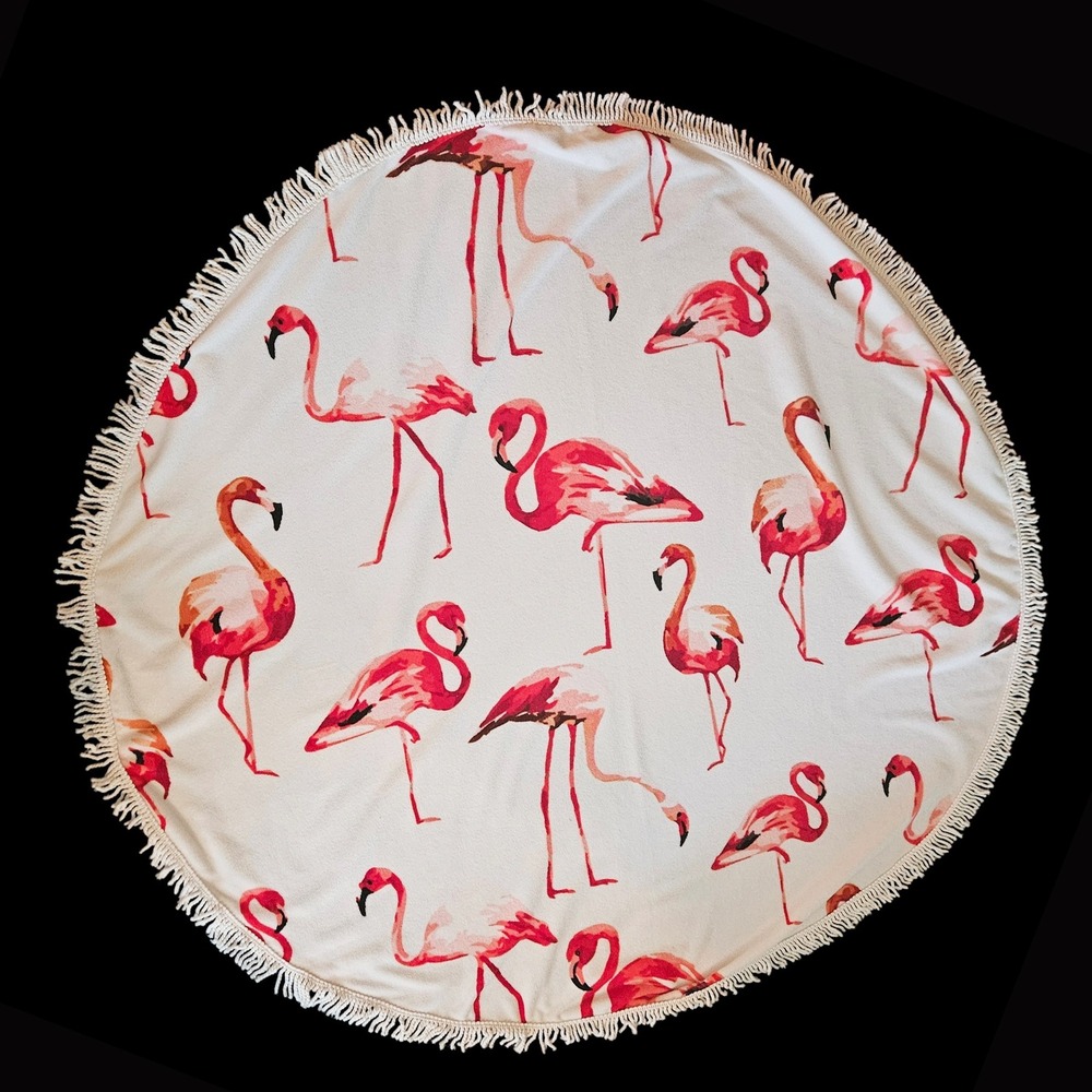 Pink Flamingo Beach Towel with Fringe Large 60" Round